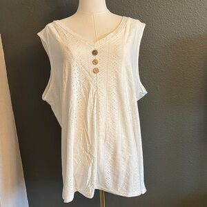 White eyelet Sleeveless Top with Button Detail